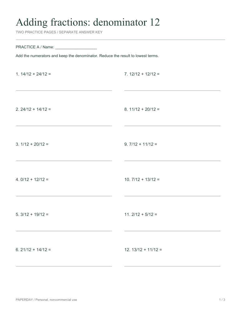 Preview of Adding fractions: denominator 12 - practice and answers