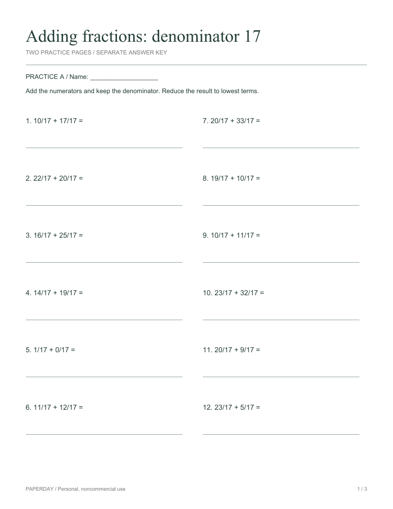 Preview of Adding fractions: denominator 17 - practice and answers