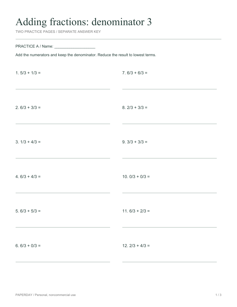 Preview of Adding fractions: denominator 3 - practice and answers