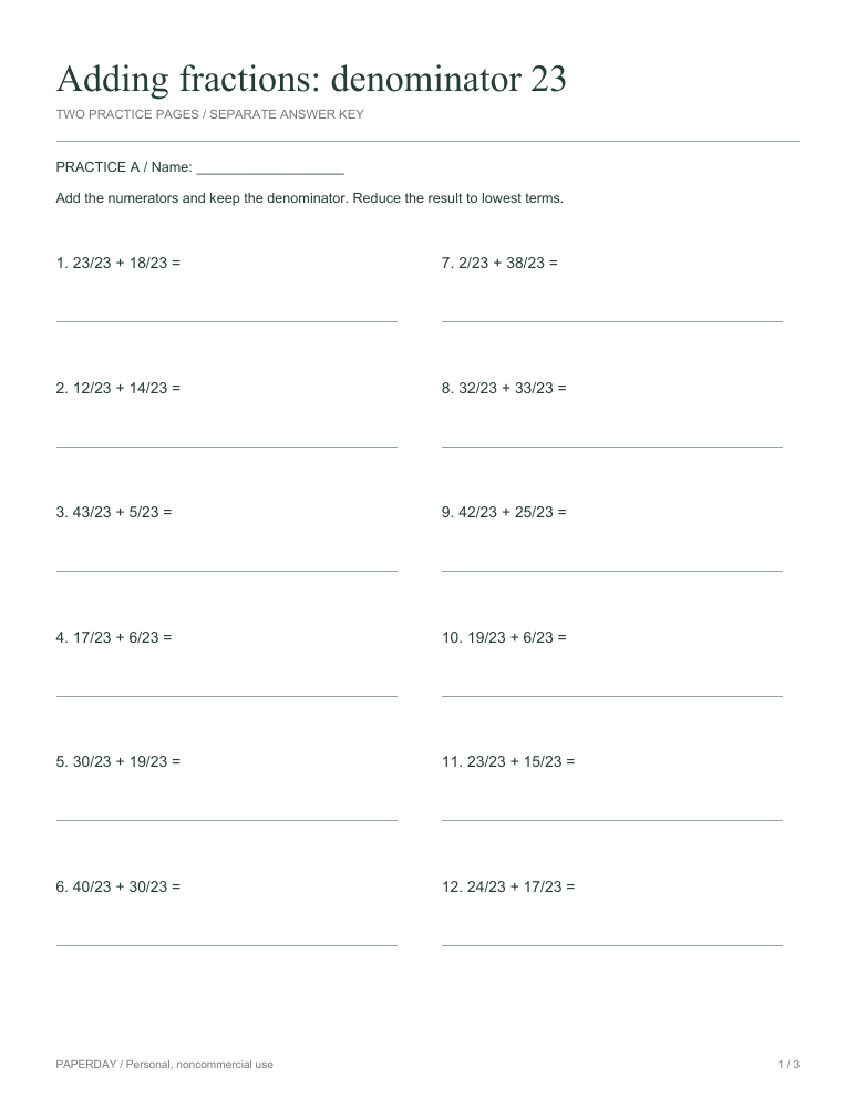 Preview of Adding fractions: denominator 23 - practice and answers