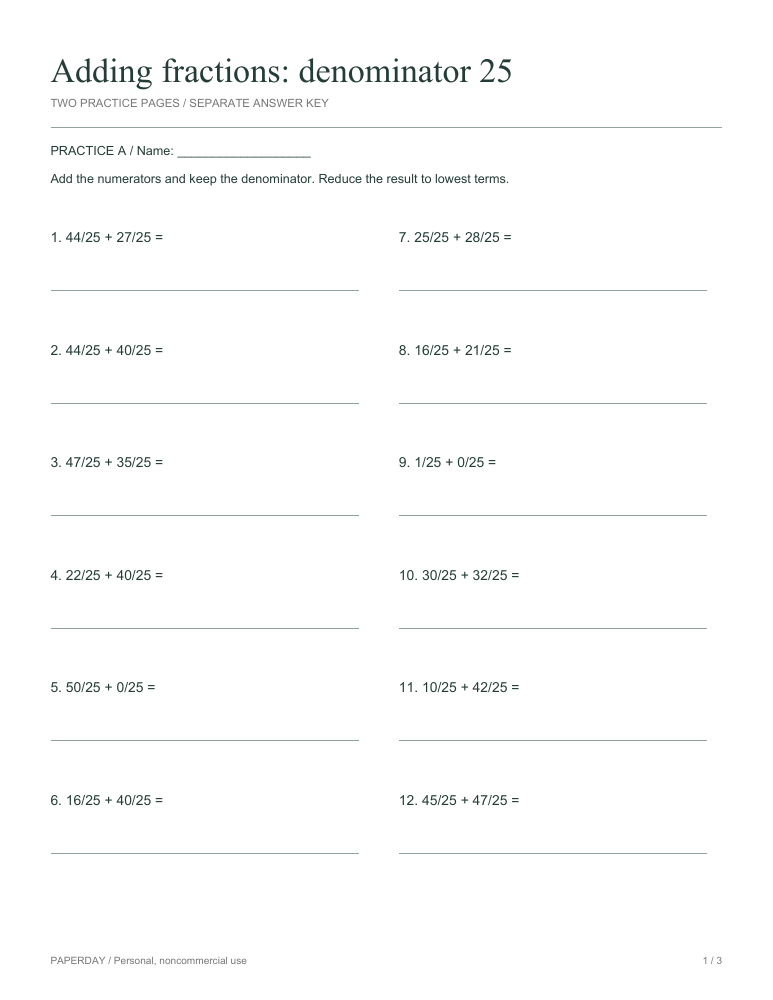 Preview of Adding fractions: denominator 25 - practice and answers