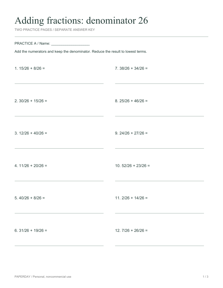 Preview of Adding fractions: denominator 26 - practice and answers
