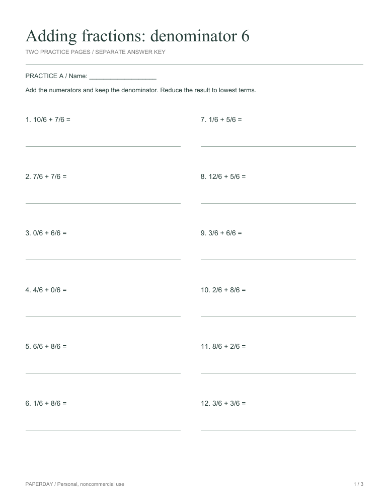 Preview of Adding fractions: denominator 6 - practice and answers