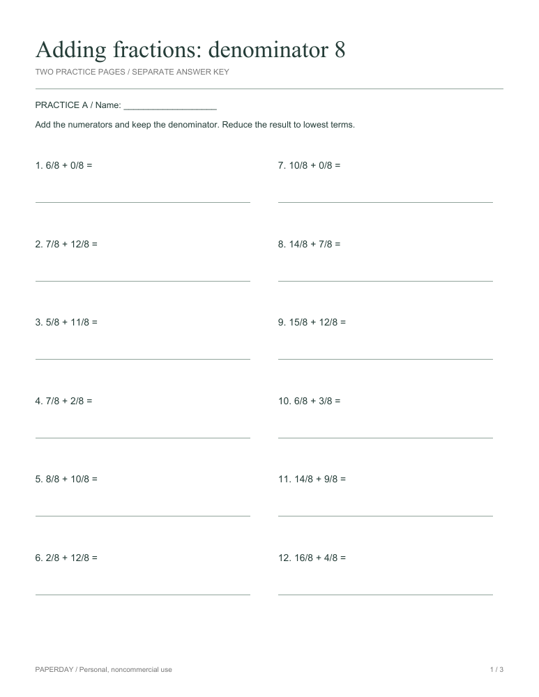 Preview of Adding fractions: denominator 8 - practice and answers