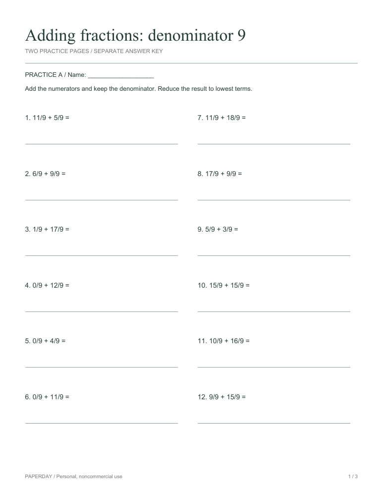 Preview of Adding fractions: denominator 9 - practice and answers