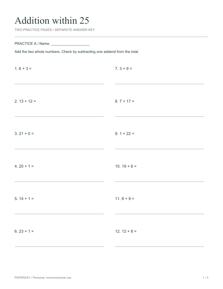 Preview of Addition within 25 - practice and answers