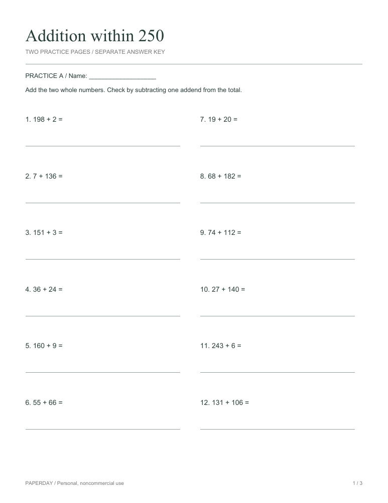 Page one of Addition within 250 - practice and answers