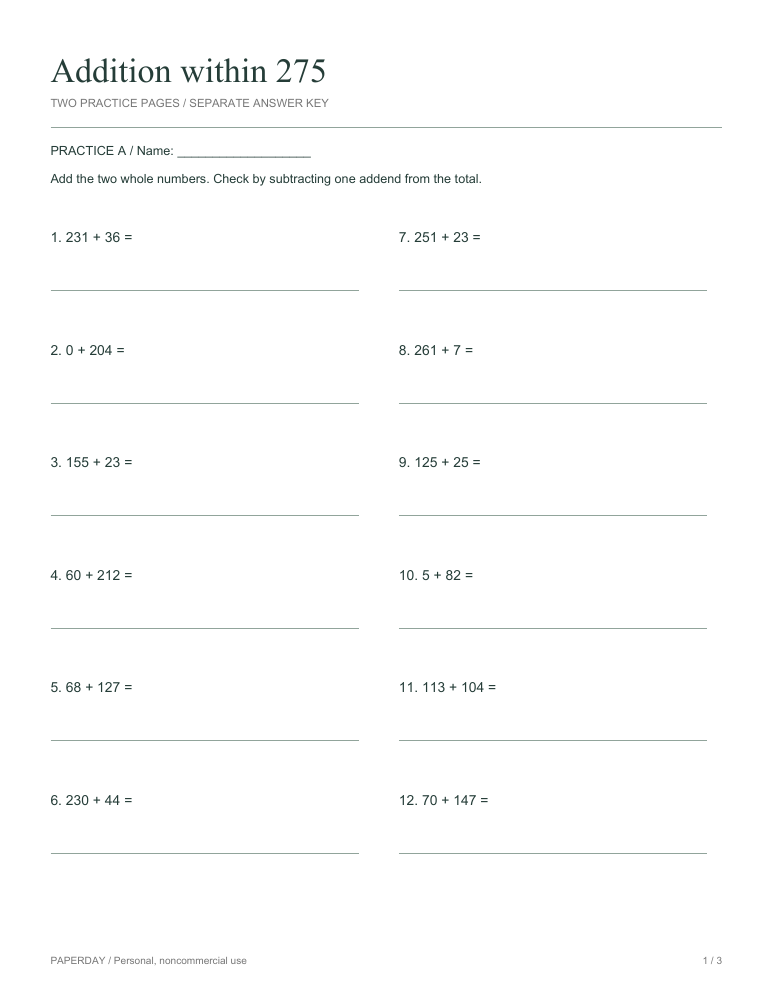 Page one of Addition within 275 - practice and answers
