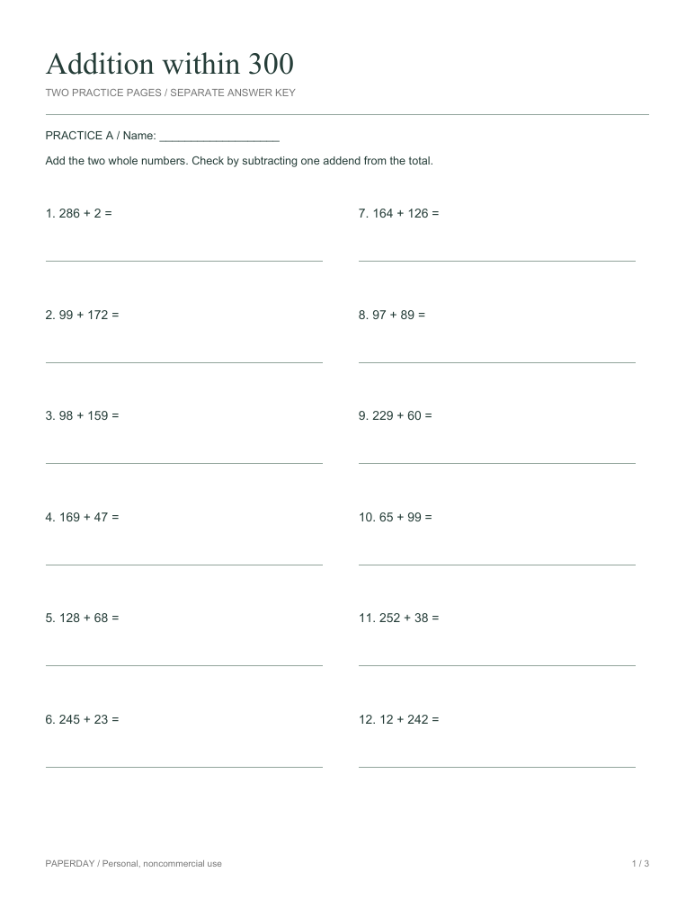 Page one of Addition within 300 - practice and answers