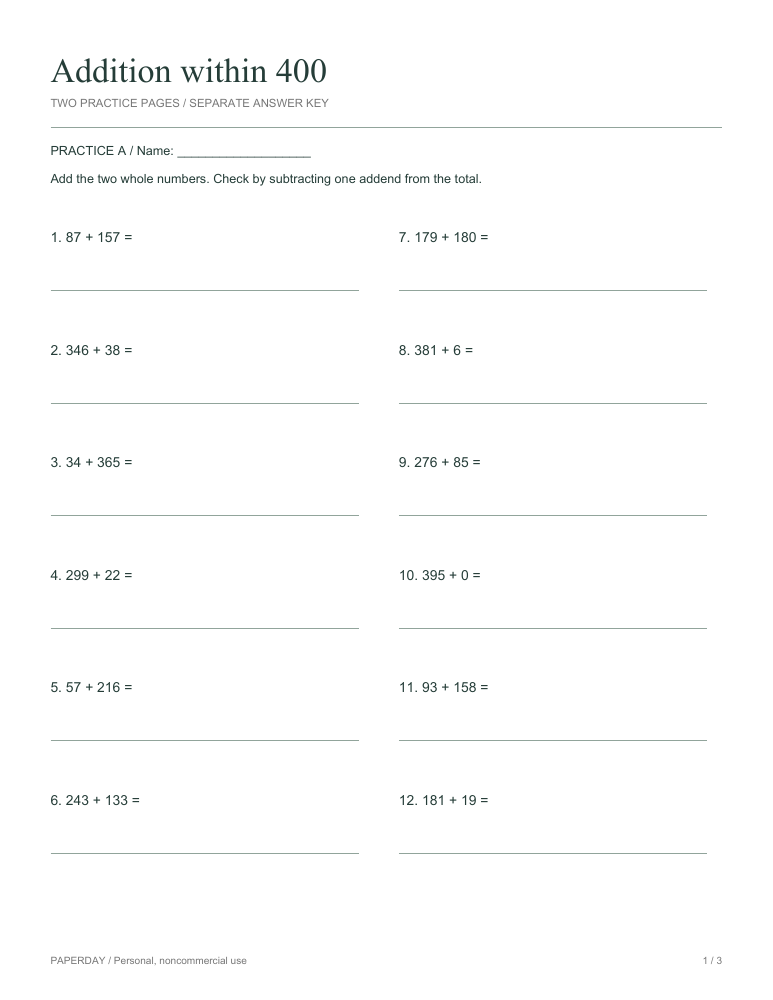 Page one of Addition within 400 - practice and answers