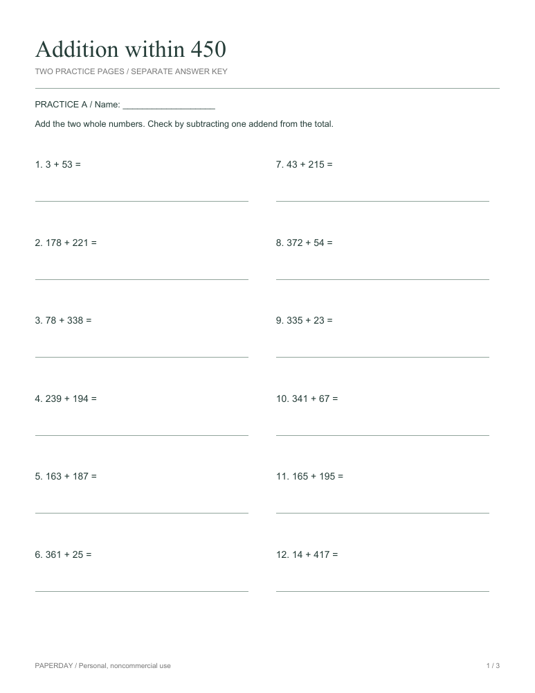 Page one of Addition within 450 - practice and answers