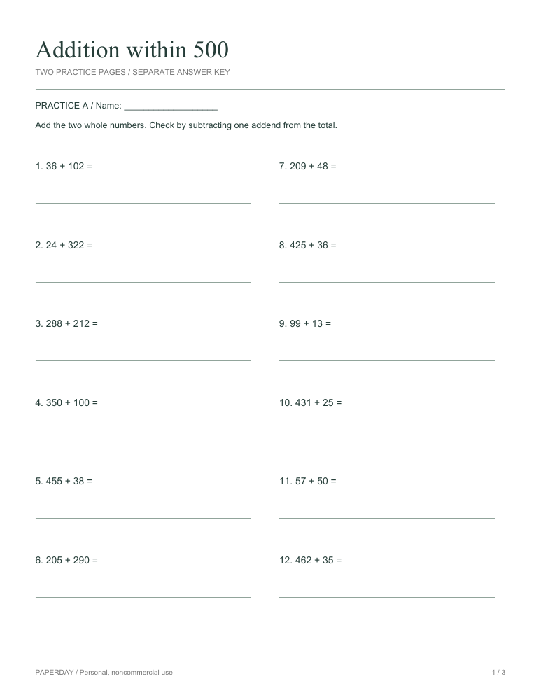 Page one of Addition within 500 - practice and answers