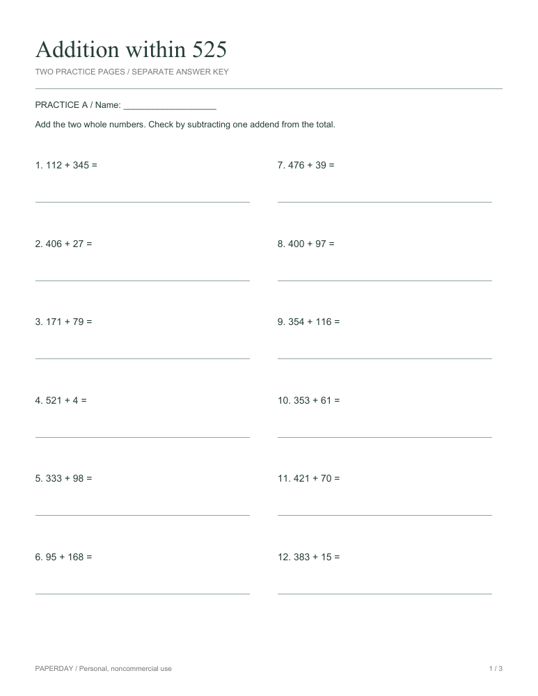 Page one of Addition within 525 - practice and answers