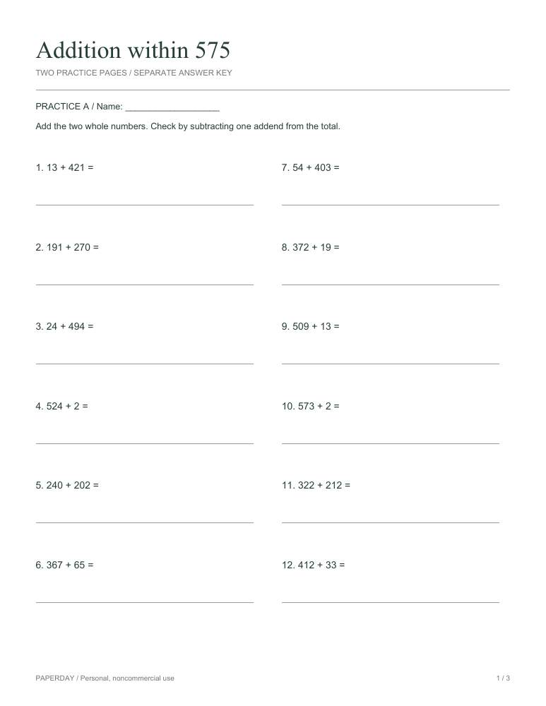 Page one of Addition within 575 - practice and answers