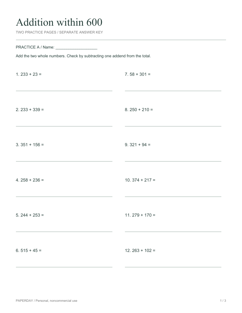Page one of Addition within 600 - practice and answers