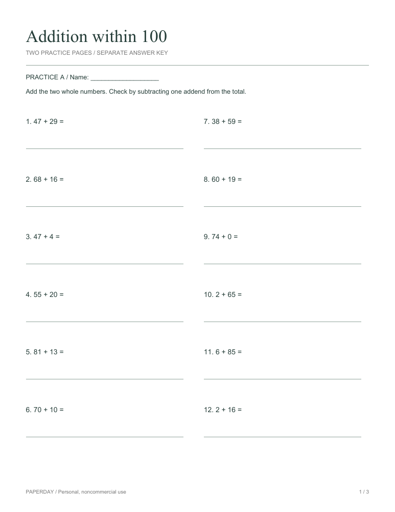 Preview of Addition within 100 - practice and answers