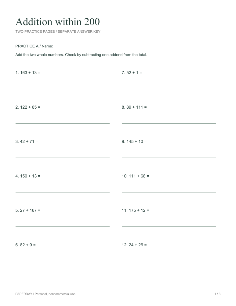 Page one of Addition within 200 - practice and answers