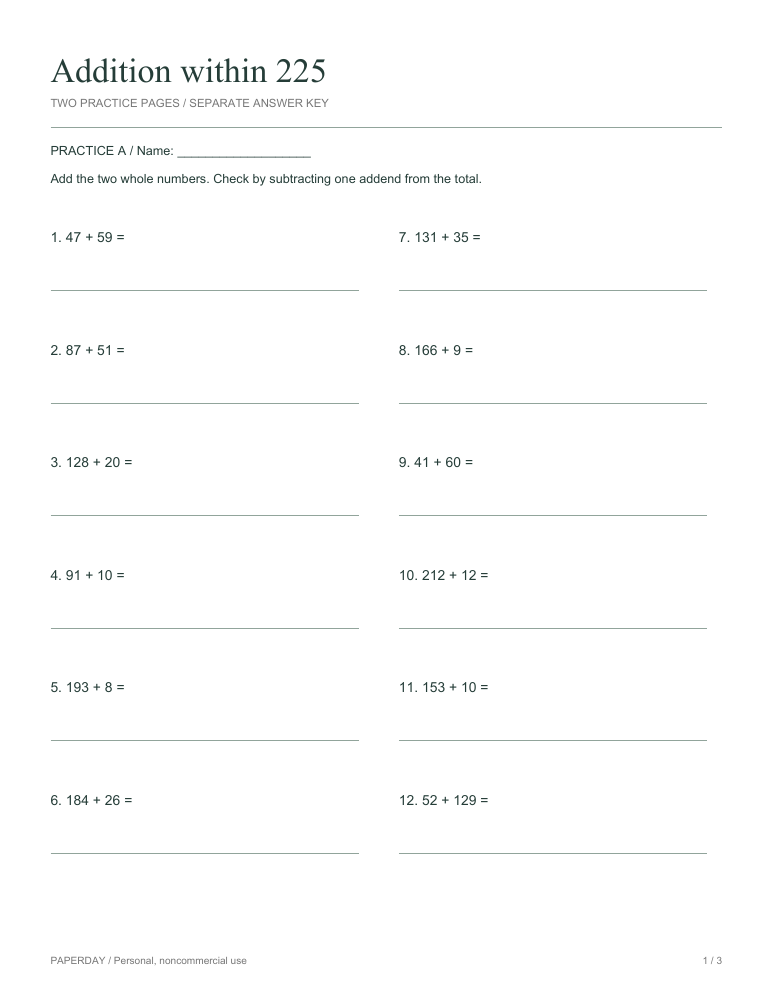 Page one of Addition within 225 - practice and answers