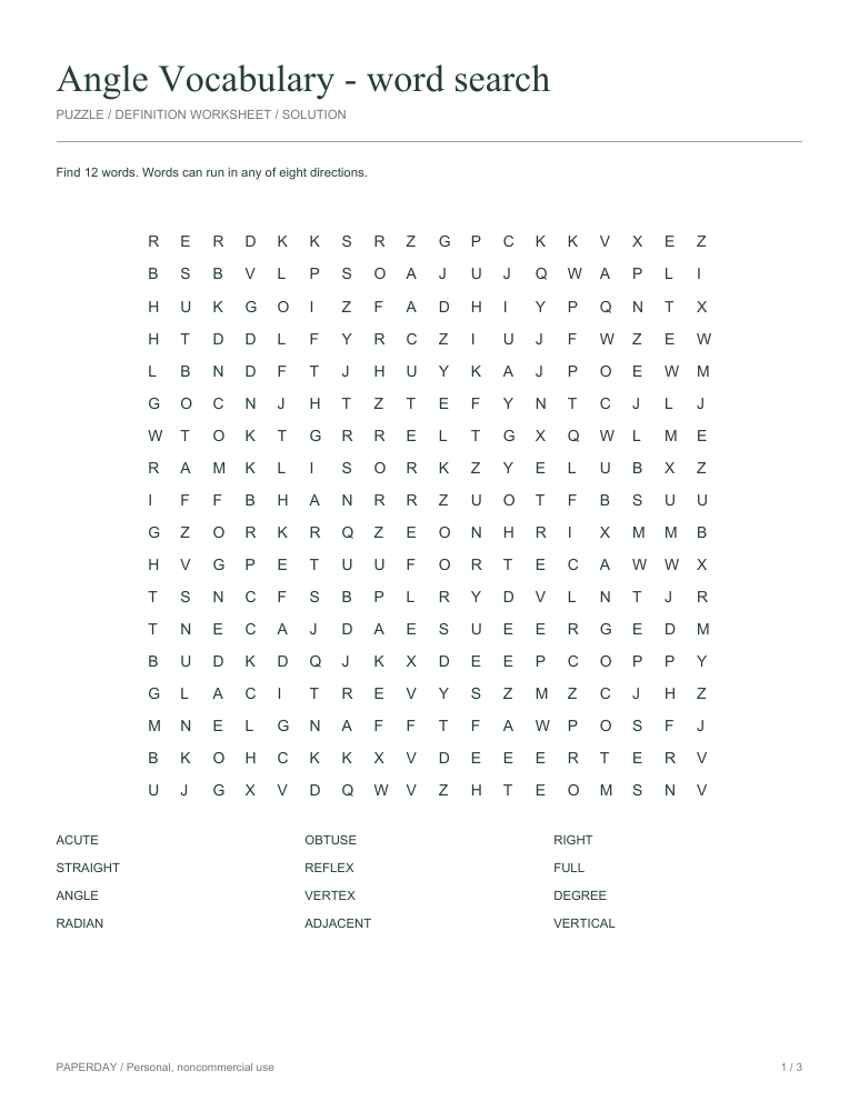 Preview of Angle Vocabulary Word Search