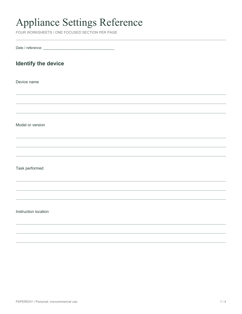 Page one of Appliance Settings Reference