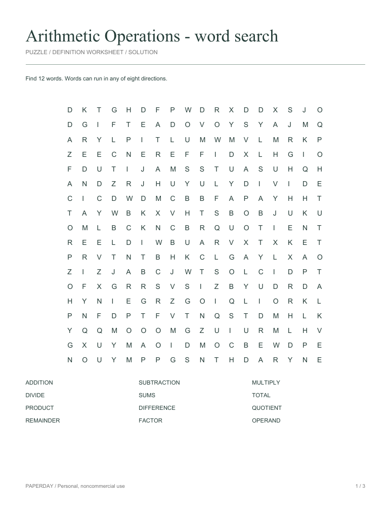 Preview of Arithmetic Operations Word Search