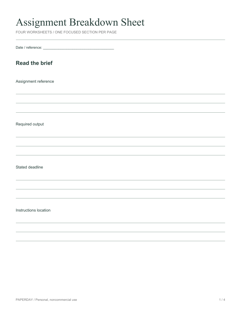 Page one of Assignment Breakdown Sheet