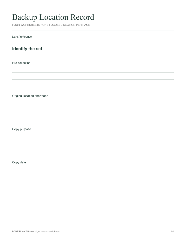 Page one of Backup Location Record