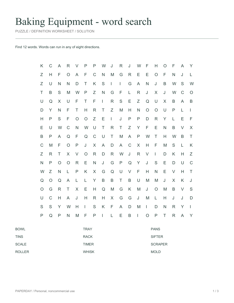 Preview of Baking Equipment Word Search