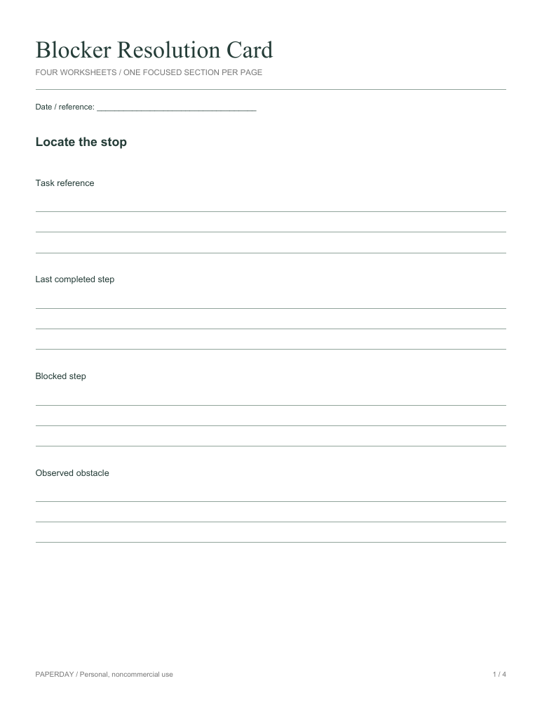 Page one of Blocker Resolution Card