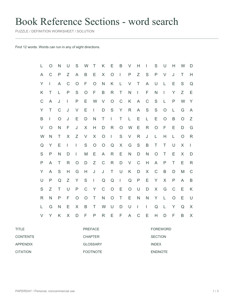 Preview of Book Reference Sections Word Search