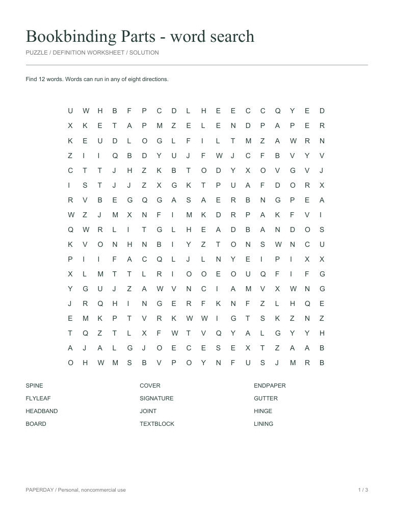 Preview of Bookbinding Parts Word Search