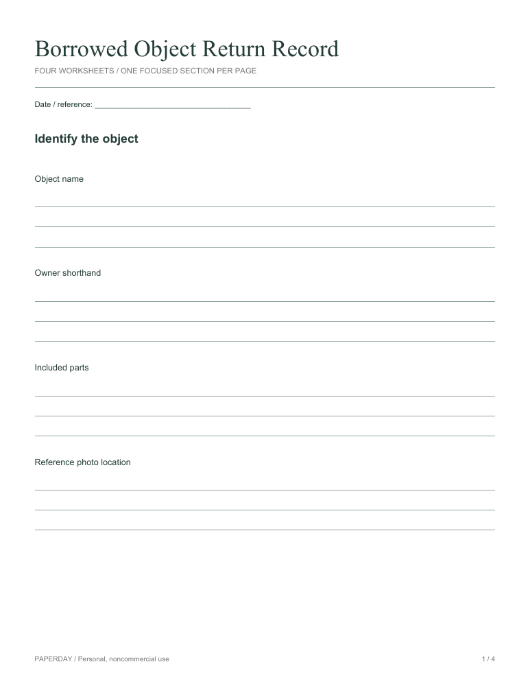 Page one of Borrowed Object Return Record