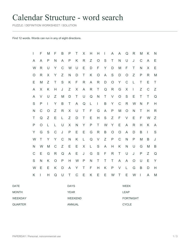 Preview of Calendar Structure Word Search