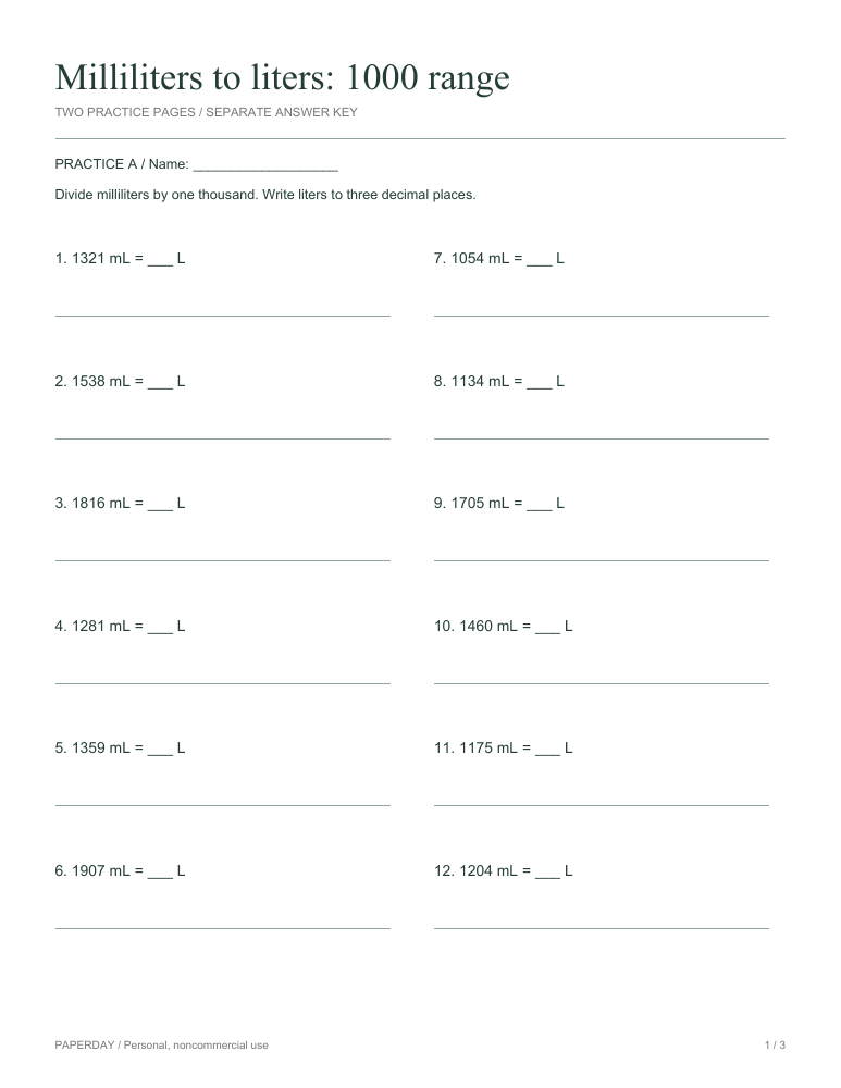 Preview of Milliliters to liters: 1000 range - practice and answers