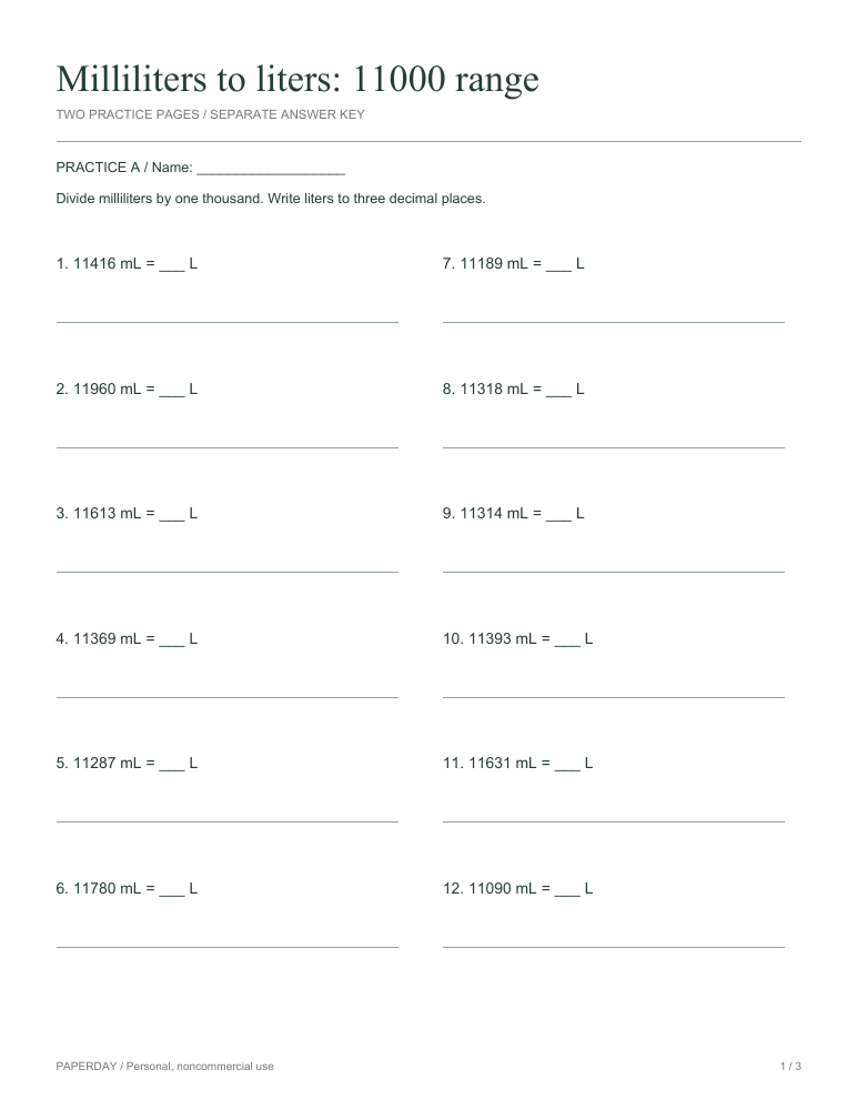Preview of Milliliters to liters: 11000 range - practice and answers