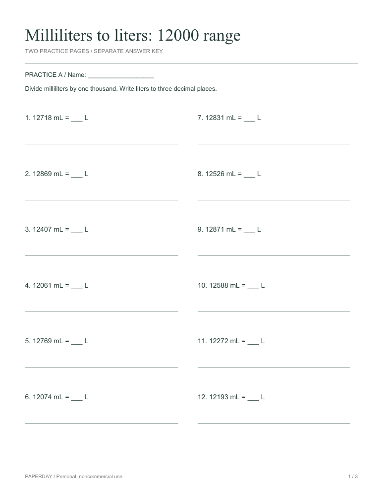 Preview of Milliliters to liters: 12000 range - practice and answers