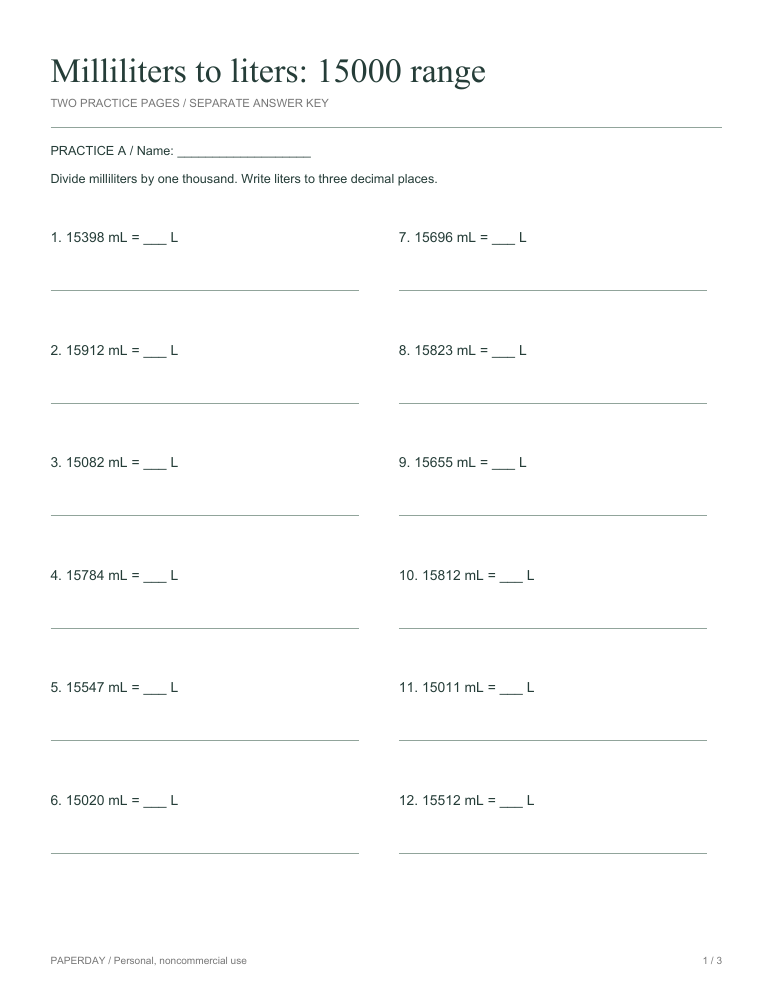 Preview of Milliliters to liters: 15000 range - practice and answers