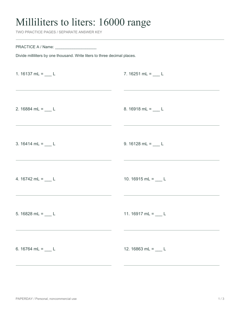 Preview of Milliliters to liters: 16000 range - practice and answers