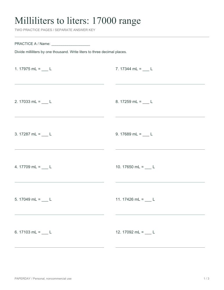 Preview of Milliliters to liters: 17000 range - practice and answers