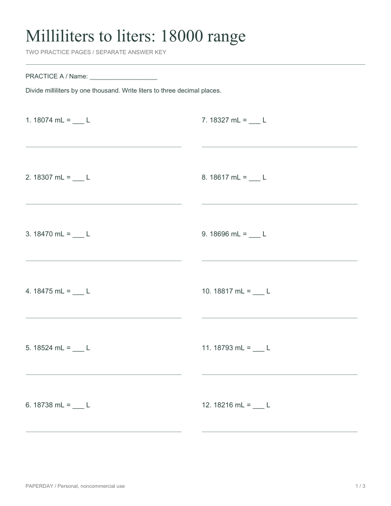 Preview of Milliliters to liters: 18000 range - practice and answers