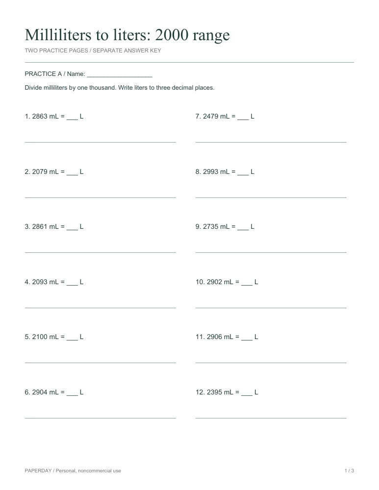 Page one of Milliliters to liters: 2000 range - practice and answers