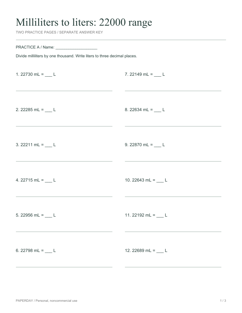 Preview of Milliliters to liters: 22000 range - practice and answers