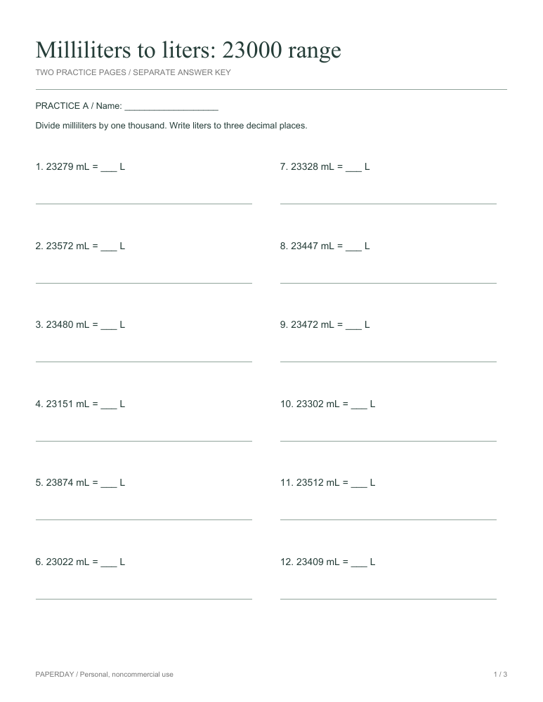 Preview of Milliliters to liters: 23000 range - practice and answers