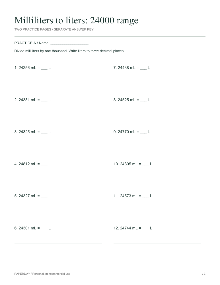 Preview of Milliliters to liters: 24000 range - practice and answers