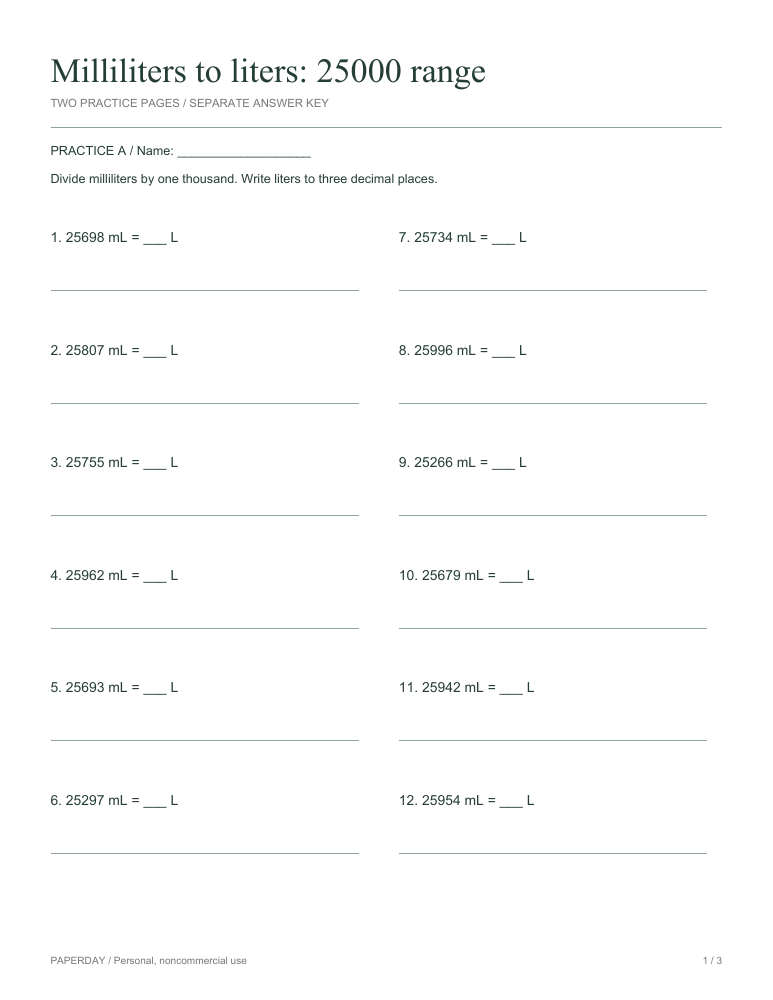 Preview of Milliliters to liters: 25000 range - practice and answers