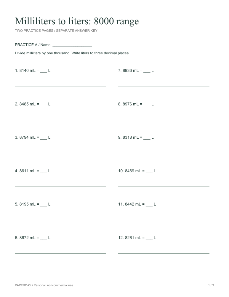 Preview of Milliliters to liters: 8000 range - practice and answers