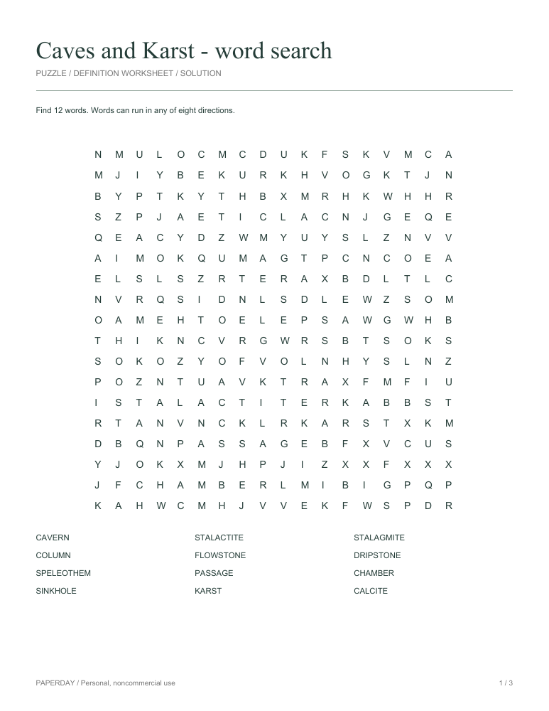 Preview of Caves and Karst Word Search