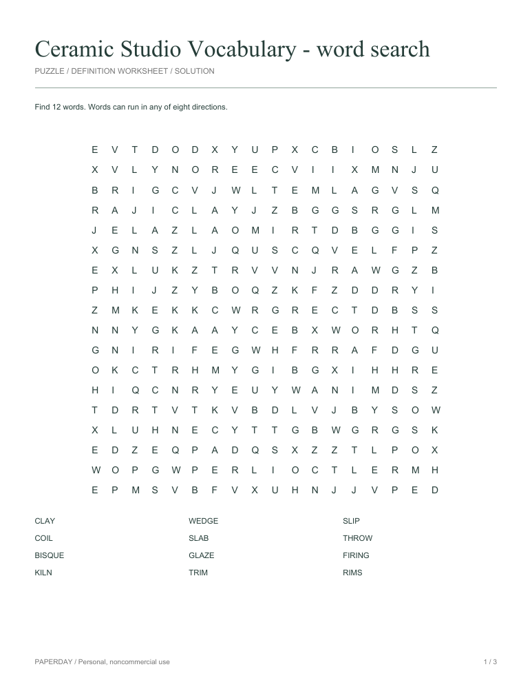 Preview of Ceramic Studio Vocabulary Word Search
