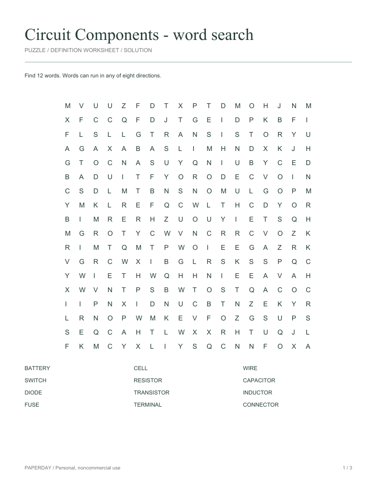 Preview of Circuit Components Word Search