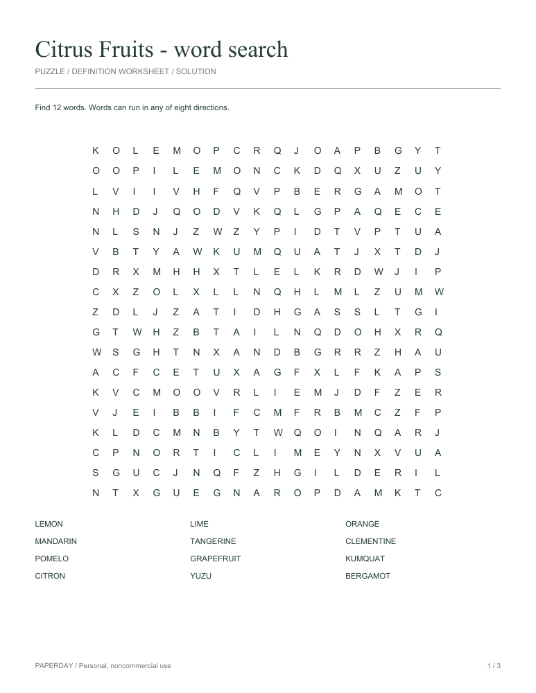 Preview of Citrus Fruits Word Search